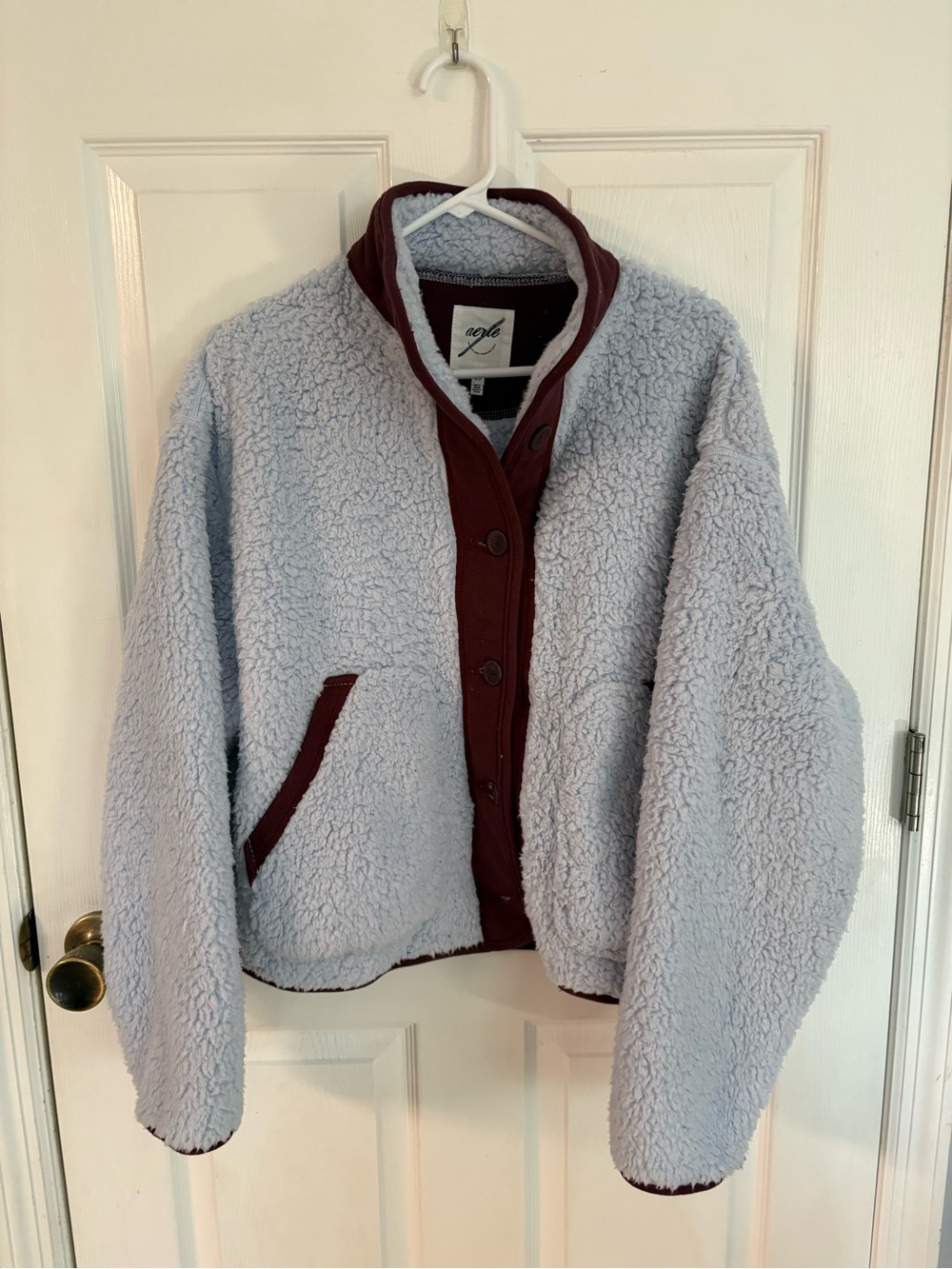 new Aerie Sherpa Jacket in Light blue and brown